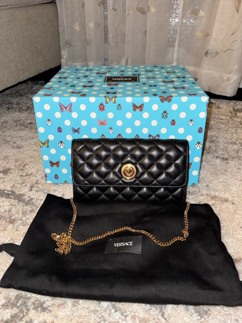 Versace Black Quilted Leather Crossbody with Gold Chain and Medusa Emblem